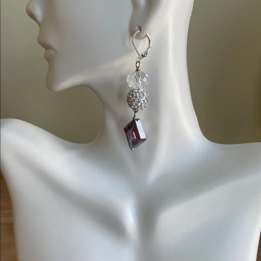 HAND CRAFTED DRAMATIC PARTY EARRINGS Purple Silver Clear Crystals